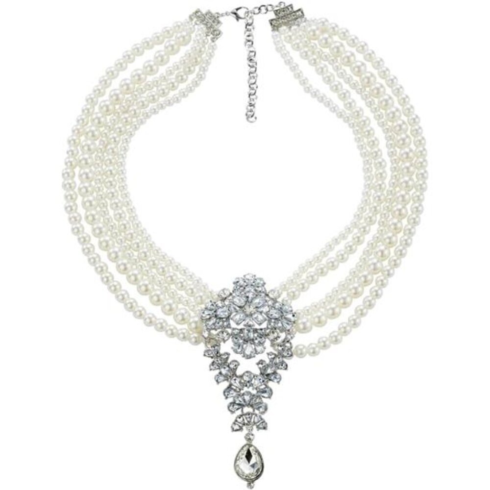 Long Tassel Chunky Boho Pearls and Rhinestone Statement Necklace Women Silver